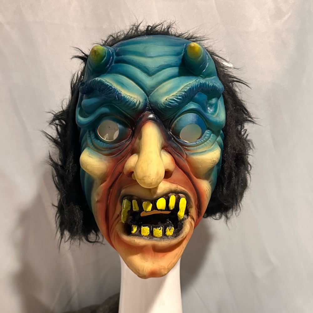 Vintage Colorful Bue Demon Devil Adult Halloween Latex Mask with Black Hair
